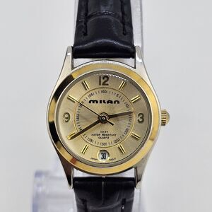 22MM Milan Women's Watch Gold Dial Date‎ Indicator New Leather Bands New Battery